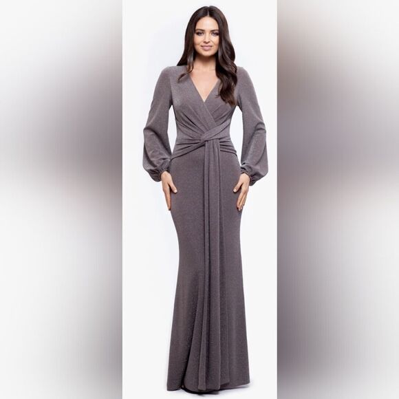 Betsy & Adam Clara Long Sleeve Glitter Knit Knot Dress NWOT size 8 Taupe - Picture 1 of 7